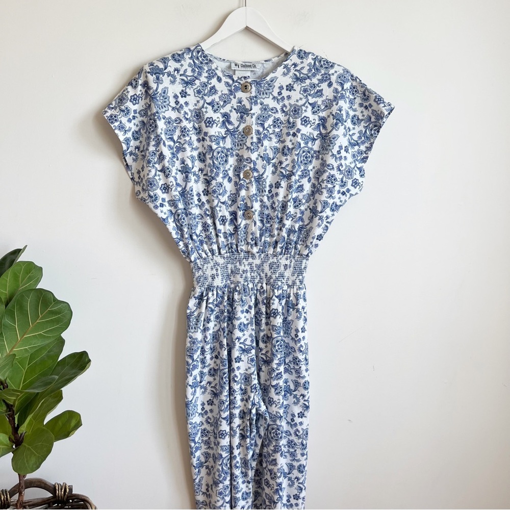 Vintage 80s 90s Jumpsuit Floral Print Blue White Size 8 Romper Cotton Polyester
